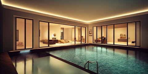 Luxury pool villa spectacular contemporary design digital art real estate , home, house and property, Generative AI illustration.