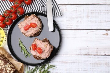 Delicious liverwurst sandwiches served on white wooden table, flat lay. Space for text