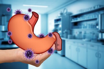 Hand hold a Intestinal tract with virus molecule
