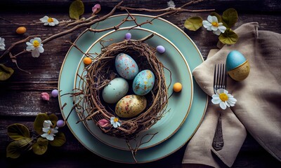 Easter background with eggs and spring branches, Happy Easter, generative AI