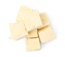 Pile of delicious sweet marshmallows on white background, top view