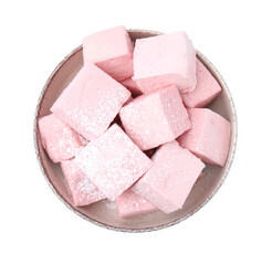 Bowl of delicious sweet marshmallows powdered sugar isolated on white, top view
