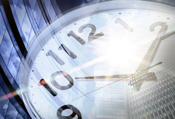 Time related concepts. Double exposure of clock and office buildings