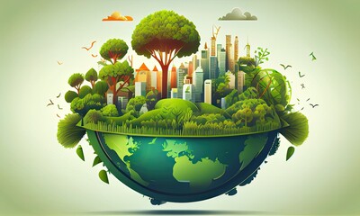Ecology concept with green eco city on nature background, generative AI