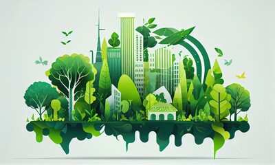 Ecology concept with green eco city on nature background, generative AI