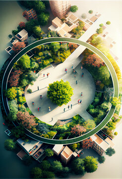 Top down view of a conceptual harmony city, organic shapes, tilt-shift, minimalist,  walkways, people, European cities of the future, nature meets urban design