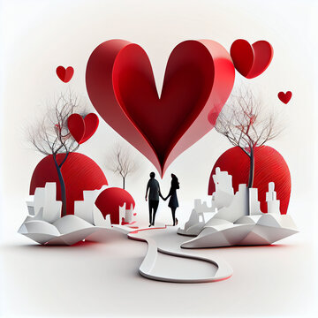 Valentine’s day image with a loving couple walking in a nice lovely, including hearts, white background, colours black and red, abstract