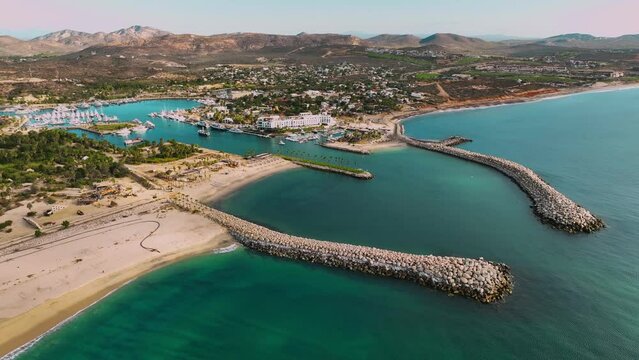 Puerto Los Cabos from the air, drone footage of the port near san jose del cabo in los cabos mexico