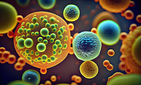 Macro close-up of viral cells and bacteria, generative AI