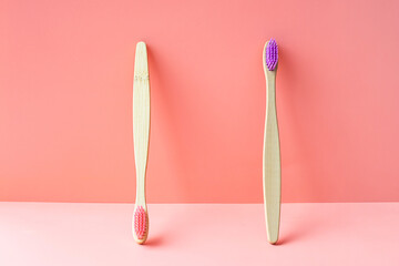 Natural bamboo toothbrushes. Dental care concept