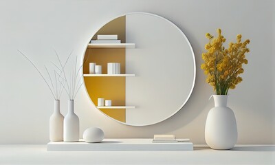 A cozy shelf, a round mirror, a lamp, and flowers, interior house decor for the living room, generative AI
