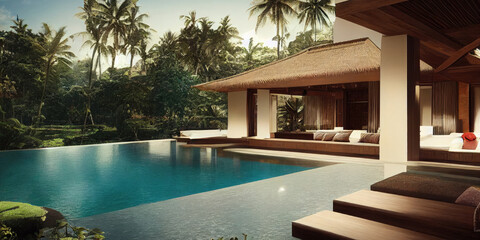 Obraz na płótnie Canvas Luxury with tropical Jungle villa resort luxurious swimming pool. Generative AI illustration