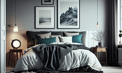 Modern bedroom interior with cozy bedding, generative AI
