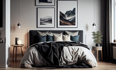 Modern bedroom interior with cozy bedding, generative AI