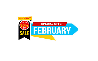 30 Percent FEBRUARY discount offer, clearance, promotion banner layout with sticker style.