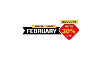 30 Percent FEBRUARY discount offer, clearance, promotion banner layout with sticker style.