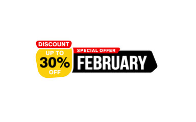 30 Percent FEBRUARY discount offer, clearance, promotion banner layout with sticker style.