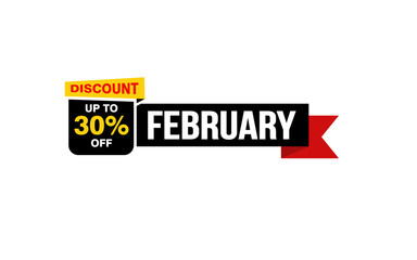 30 Percent FEBRUARY discount offer, clearance, promotion banner layout with sticker style.