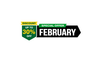 30 Percent FEBRUARY discount offer, clearance, promotion banner layout with sticker style.