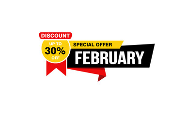 30 Percent FEBRUARY discount offer, clearance, promotion banner layout with sticker style.