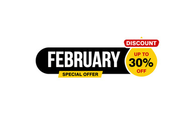 30 Percent FEBRUARY discount offer, clearance, promotion banner layout with sticker style.
