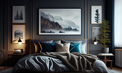 Modern bedroom interior with cozy bedding, generative AI