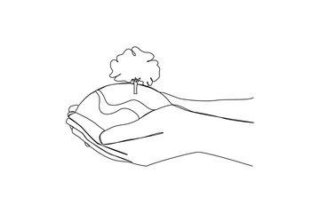 Earth day. One continuous line drawing a people love the earth by taking care of it. Earth day minimalist concept simple line, vector, love earth.