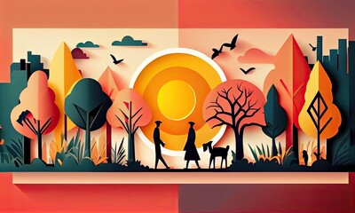 People enjoy fresh air in the park, landscape in the city with sunset on summer, illustration, paper art style, generative AI
