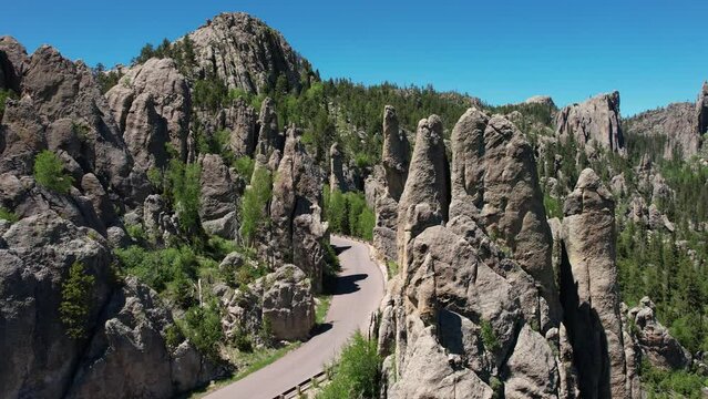 Aerial View of The Needles Rock Formation in Custer State Park, South Dakota USA and Road on This Scenic Route