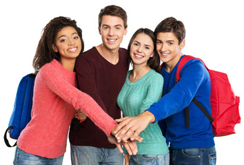 group of college students putting hands together