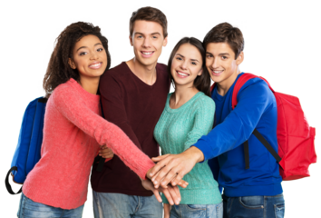 group of college students putting hands together