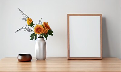 Wooden photo frame next to a vase with flowers on a wooden table on a white background, generative AI