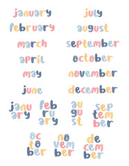 Hand drawn vector lettering of the months colorful. Handwritten name of months with decorative. Cute lettering January to December with pastel color