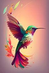 Beautiful hummingbird in foliage, rainbow bright colored illustration. Iridescent painting of colibri among green leaves.