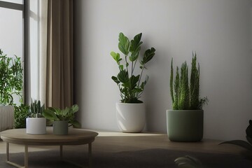 Modern designed living room with a plants in a pot, light cozy room with a workspace, ai generated. Generative AI