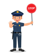 Cute little boy wearing police officer uniform holding stop traffic sign 