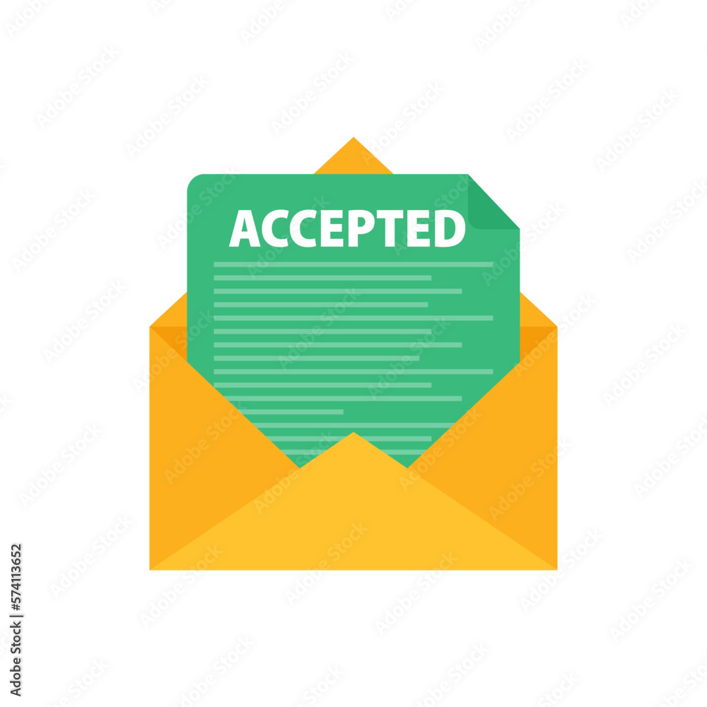 Poster letter with text accepted. email with accepted header. confirmation email message.