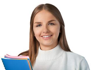 Portrait of a Smiling Student with Backpack and Notebook