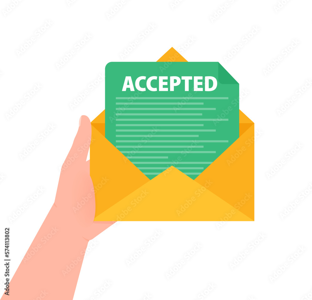 Poster hand holding a letter with text accepted. email with accepted header. confirmation email message.