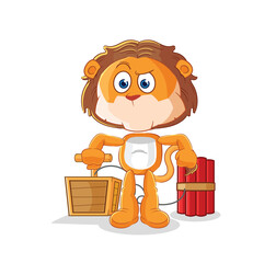 Fototapeta premium lion holding dynamite detonator. cartoon mascot vector