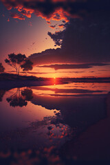 Fototapeta na wymiar sunset reflecting in a body of water. generative ai.