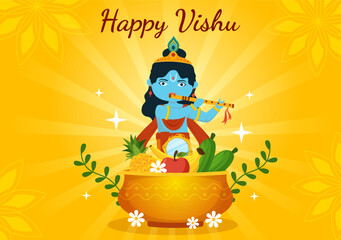 Happy Vishu Festival Illustration with Traditional Kerala Kani, Fruits and Vegetables for Landing Page in Flat Cartoon Hand Drawn Templates