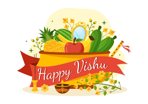 Happy Vishu Festival Illustration with Traditional Kerala Kani, Fruits and Vegetables for Landing Page in Flat Cartoon Hand Drawn Templates