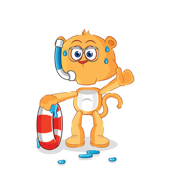 orange cartoon lion with snorkel and life preserver clip art preview