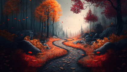 Fototapeta na wymiar Path way through the autumnal forest natural way concept.Generative AI