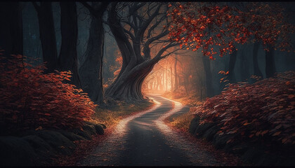 Path way through the autumnal forest natural way concept.Generative AI