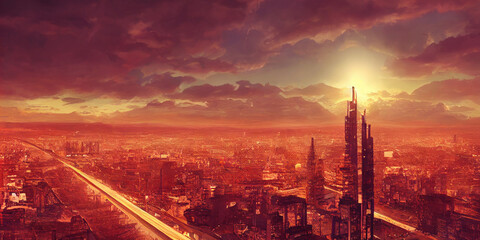 Naklejka premium Hotel building and city construction concept: evening outdoor urban view of modern real estate. Generative AI illustration.