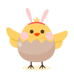 Cute Little Chicken Character With Rabbit Ear In Egg Shell, Illustration, Transparent
