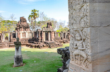 Ancient sandstone carvings in Prasat Hin Phimai Ancient Khmer castle Located in the historical park, Phimai District, Nakhon Ratchasima Province, Thailand