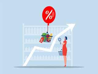 goods Inflation,women stress with Rising food price crisis,Prices of commodities and consumer goods rose due to rising inflation concept. vector illustration